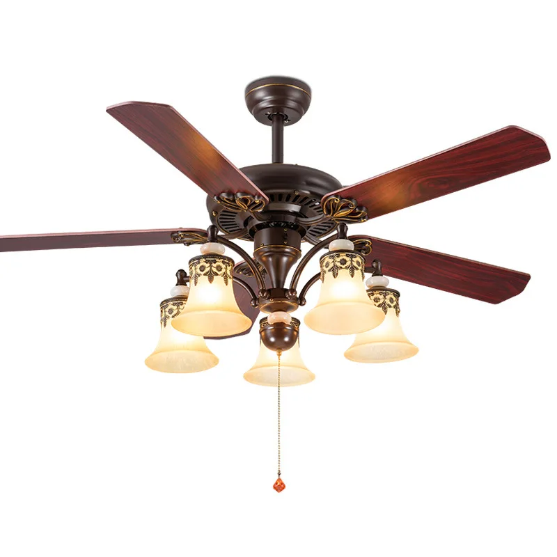 Industrial Solid Wood 5 Blade Remote Control Retro Ceiling Fan Lights Switch Control Ceiling Fans for Home Ceiling
