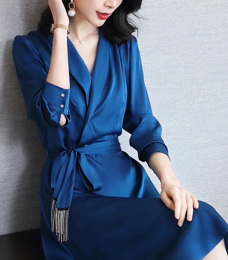 Factory Hot Sale Silk-like Long Sleeve Blazer Dress 2021 Ladies V Neck Satin A Line Notched Collar Office