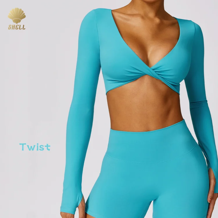 Luluxixiyaya Quick Dry Deep V Neck Twisted Rope Mini Short Length Finger Hole Yoga Fit Compression Shirt Long Sleeve