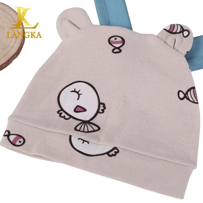 Selling yellow animal printed hat 100% organic beanie cotton baby cap hats for