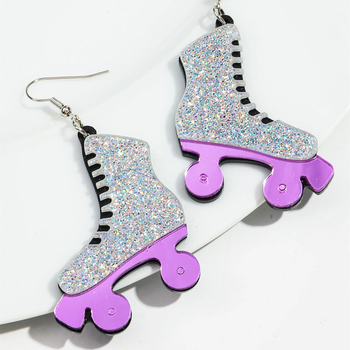 Stylish New Resin Silver Glitter Shoes Pendant Purple Mirror Earrings Jewelry Creative Roller Skates Acrylic Drop Earrings Gift