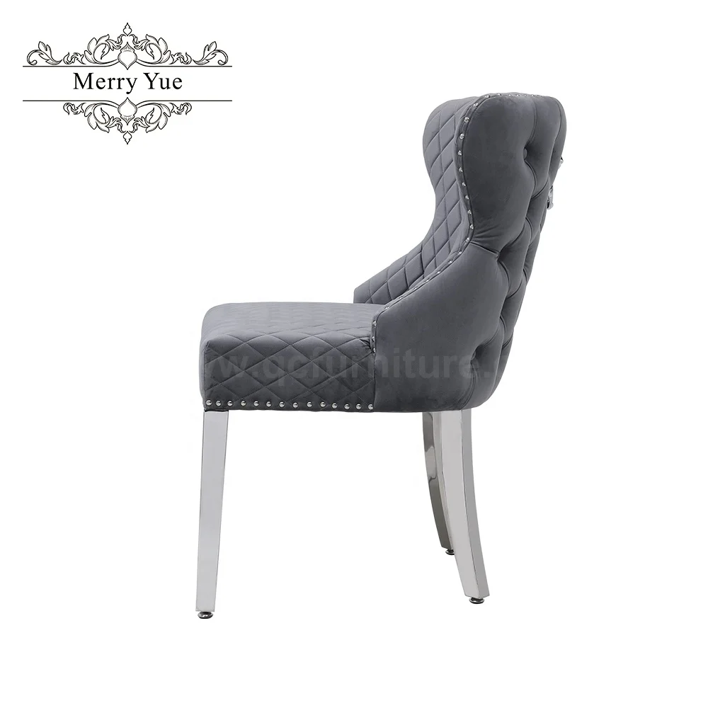 Dinning Room Chairs Silver Chrome Legs pink Velvet Upholstered Seats lion Head Knocker Ring Back Dining Chair Stainless Steel