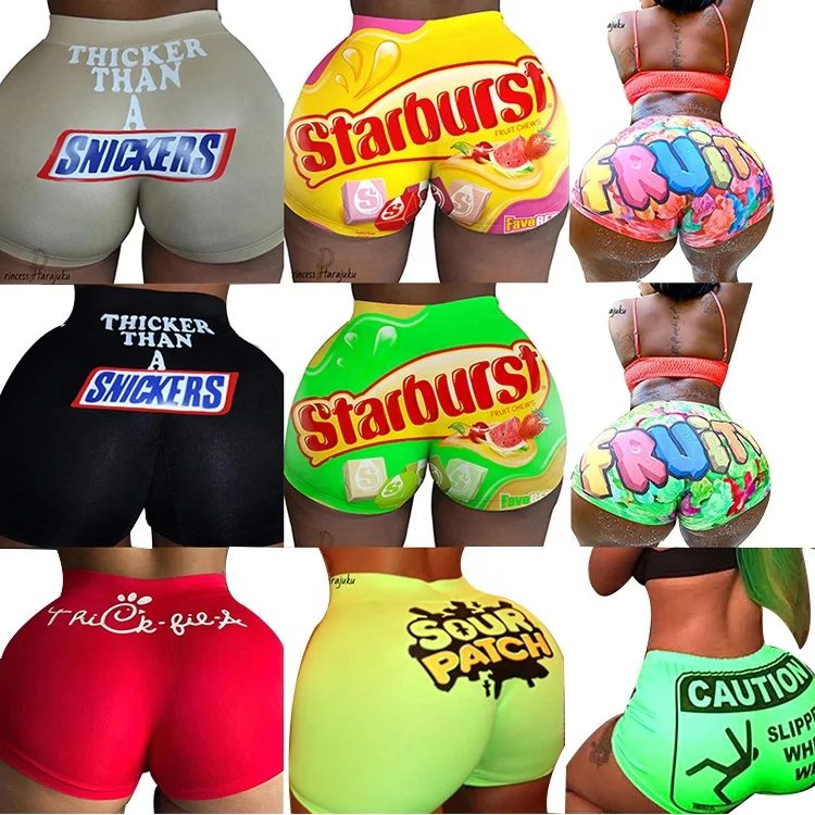 
Custom MOQ 30 Sexy Biker Shorts Womens Print Shorts Summer Casual High Waist Candy Snack Shorts 
