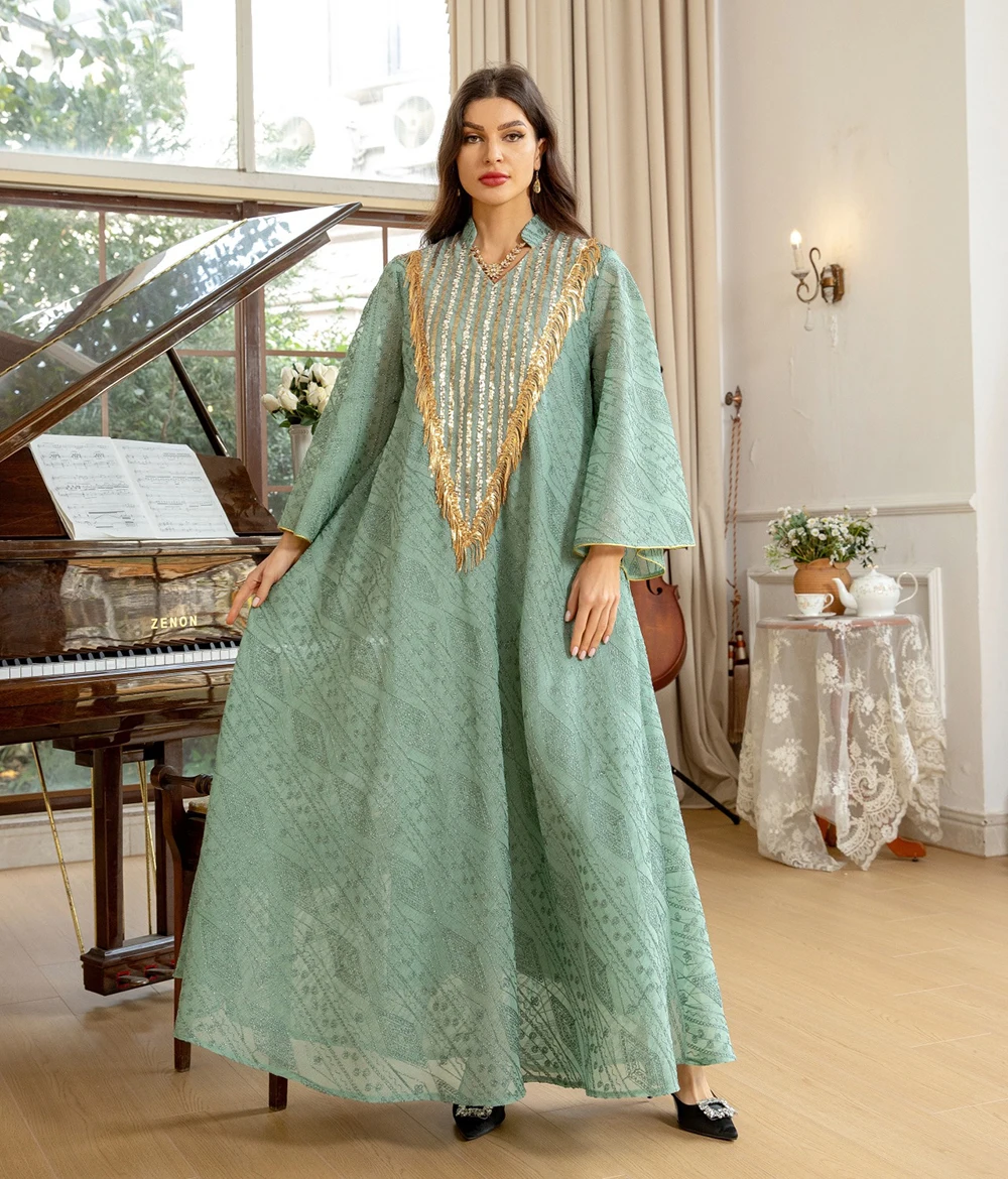 Islamic Muslim Evening Dress Arabian Dubai Mesh Embroidered Sequin Robe Jalabiya kaftan Dresses for women