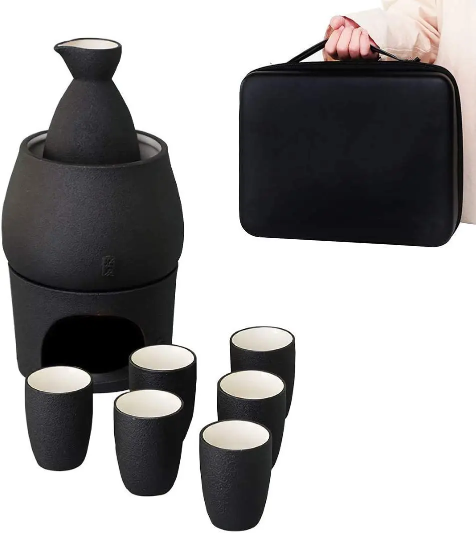 Матовый черный керамический набор сакэ чашки чайник для бутылок с подогревателем (чай свет) Подарочная коробка хранения напитков логотип на заказ японский стиль