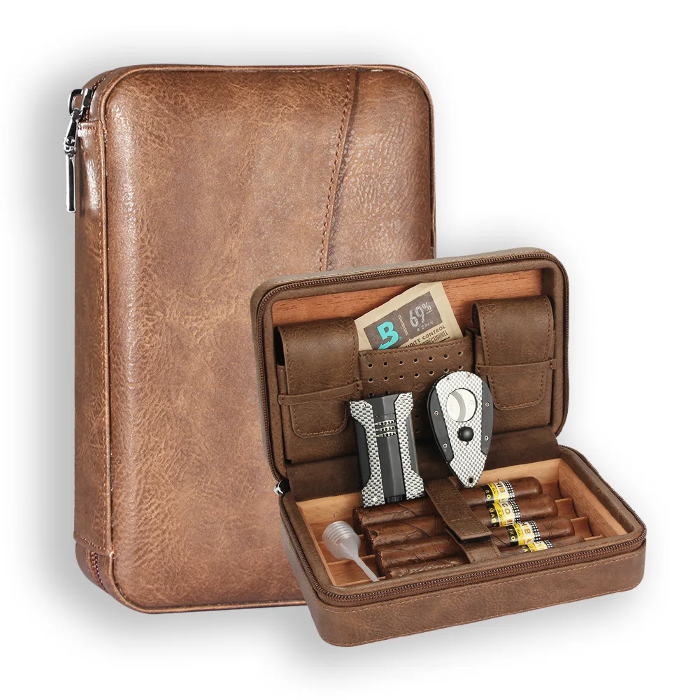Personalized Cigar Gift Box Leather Humidor Brown Cigar Lighter Humidor