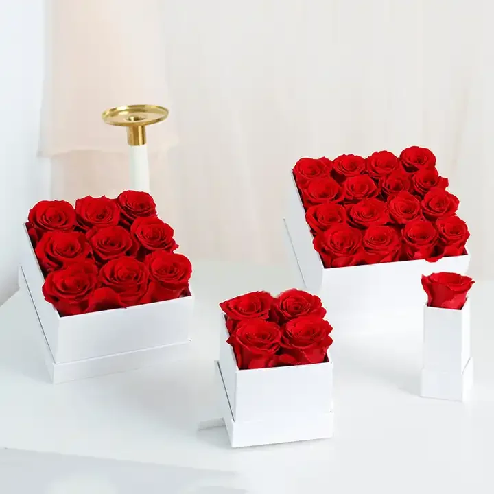 Gold Supplier Custom Everlasting Rosas In Black White Box 16pcs Immortal Eternal Preserved Roses In Square Gift Box