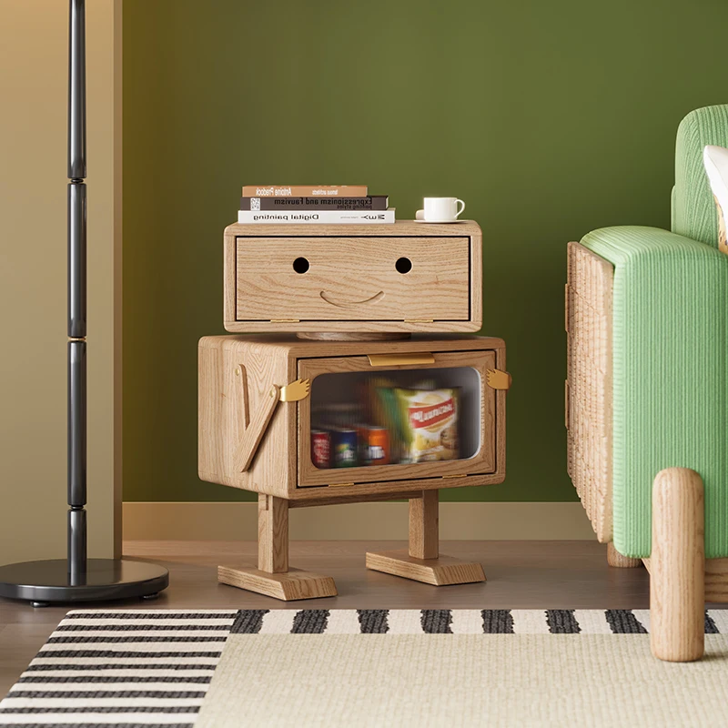Solid Wood Retro Style Robot Bedside Cabinet with Rattan Small Bedroom Storage Cabinet