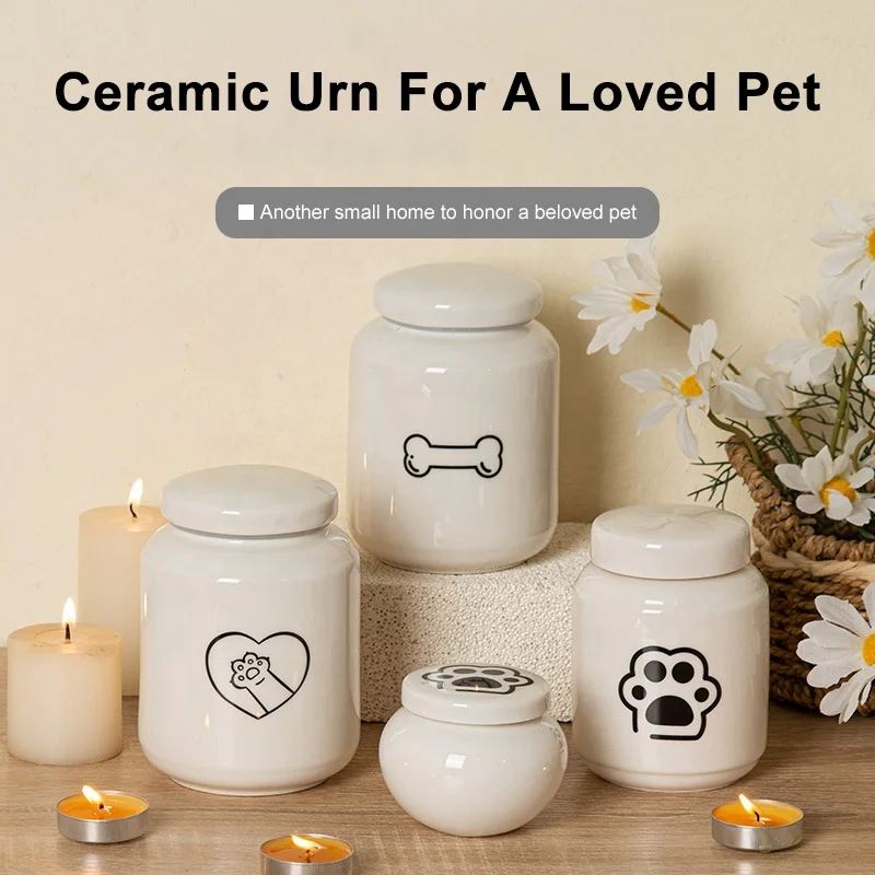 Funeral Urn Ashes Keepsake Ceramic Pet Urns for Large Dogs Pet Funeral White Pet Dog Urns with Paw Print Memorial Ceramic Ashes