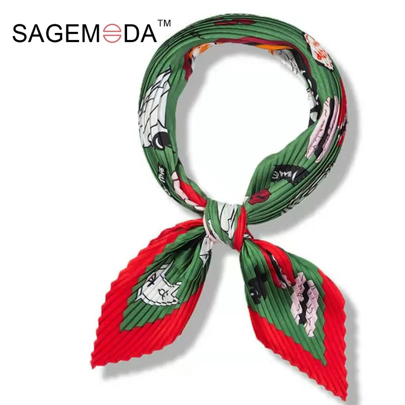 Womens Small Square Polyester Silk Feel Scarves All Four Seasons Pleated Neck Scarf