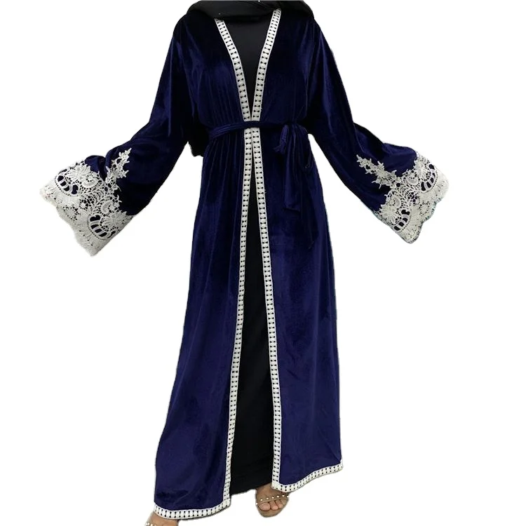 KD0823 производство 2021 Дубай с длинным рукавом с кружевным бархатным мусульманский Рамадан спереди открытым абаи кимоно кафтан для женщин
