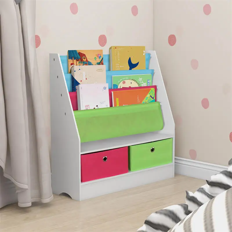 Exquisite US drop shipping retail comic book storage shelf with 2 fabric bins easy to built wood kids furniture bookcase