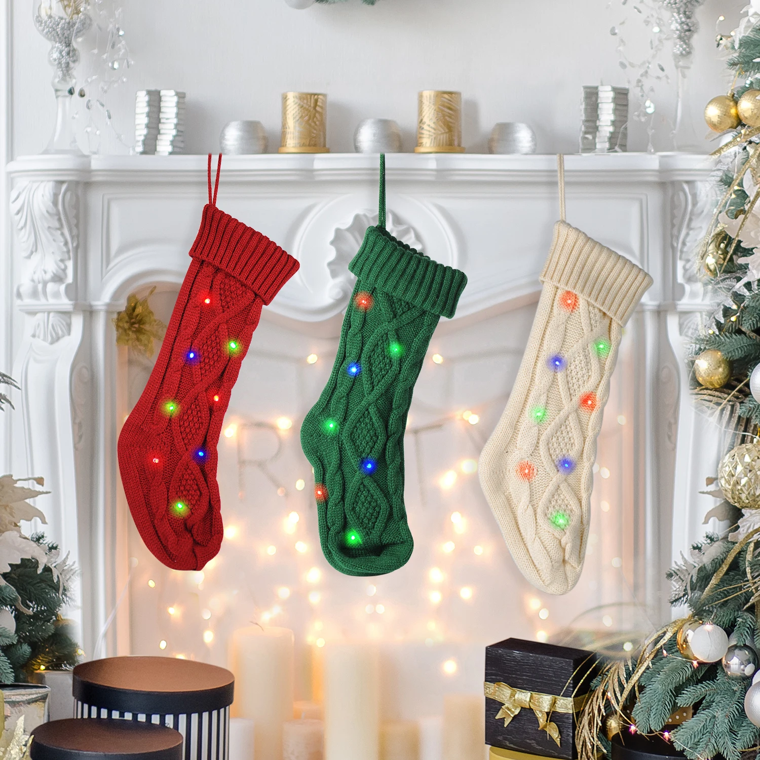 New Design Knitted Christmas Stocking With Flashing LED Lights Christmas Hanging Stocking Decorative christmas stocking