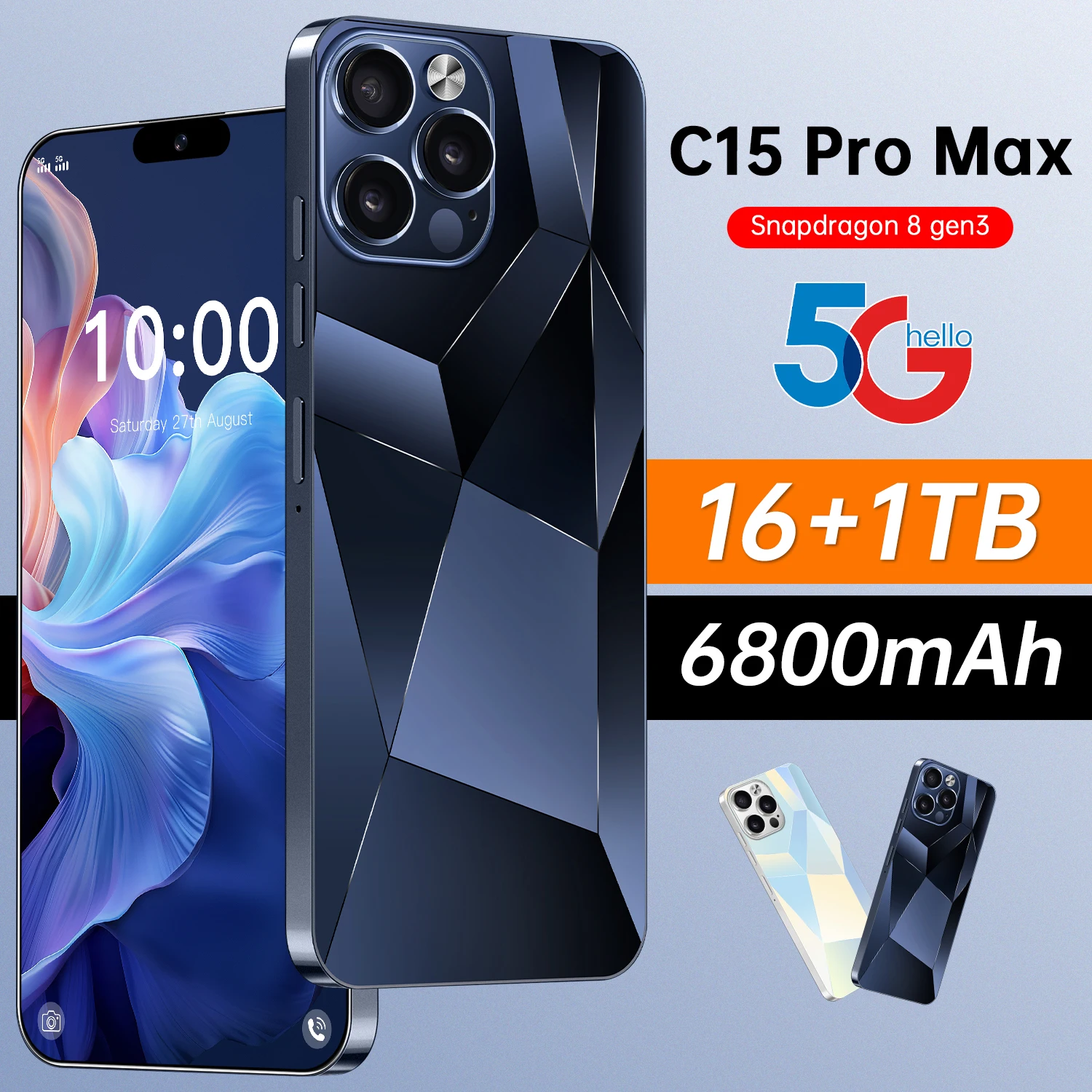 Cheap wholesale mobile phone c15 Pro Max 16+256GB 6.8inch HD+108mp Android 13.0 5G smartphone with 3 cameras