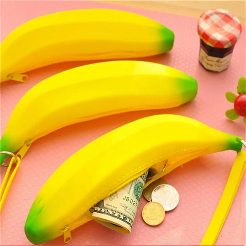 Unisex Men Women Girls Novelty Silicone Portable Banana Coin Pencil Pen Case Purse Bag Case Wallet Pouch with Keyring