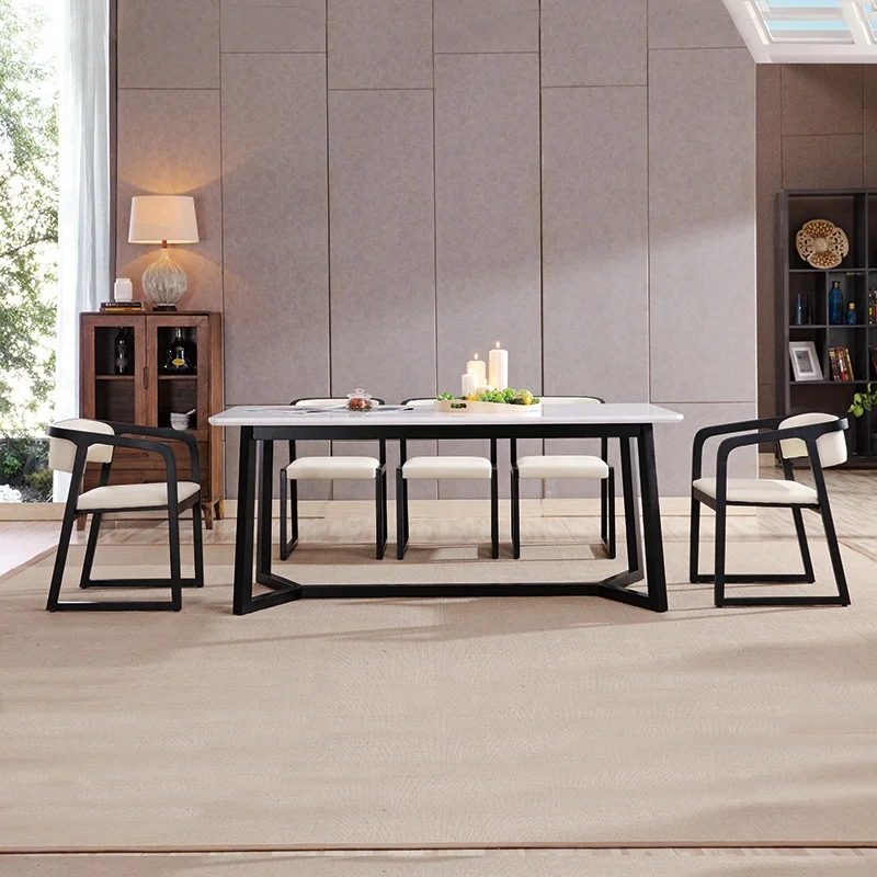 Luxury Marble Top Wooden Legs Dining Room Restaurant Furniture Long Table Set