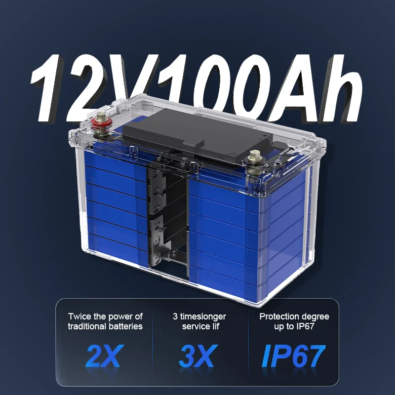 Wirentech 12V 100Ah Transparent Lithium Ion Battery Lead Acid Replacement Lifepo4 Battery Deep Cycle for RV Marine Home