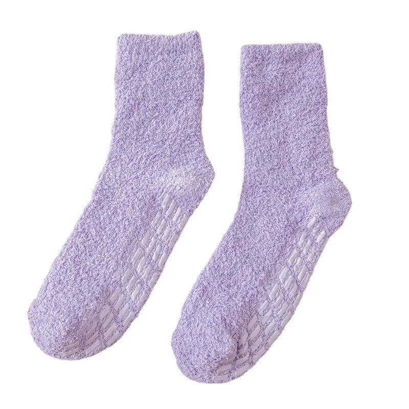 Free sample solid color Cozy Coral Fleece Fluffy Sleeping kid Socks Warm Plush Fuzzy Grip Non-Slip Sporty Crew Socks