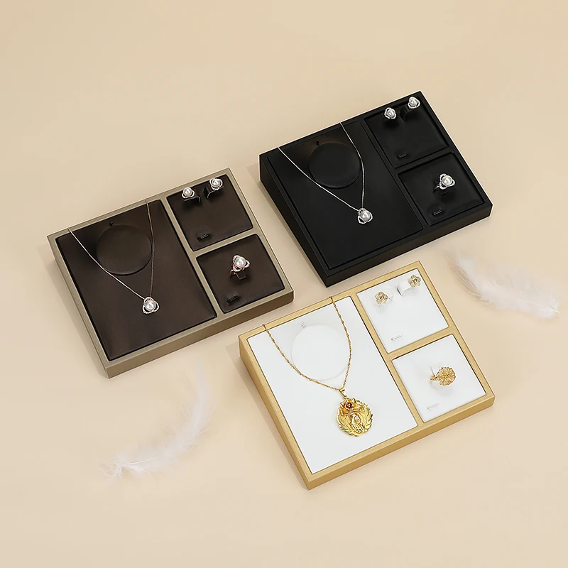 Jinsky wholesale pu leather jewelry set tray ring earring necklace set jewelry display tray in white black brown color