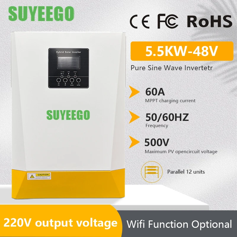 SUYEEGO 5.5kw Parallel Off Grid Pure Sine Wave Inverter Max 12 Units Dual Communication Port Hybrid Solar Inverter