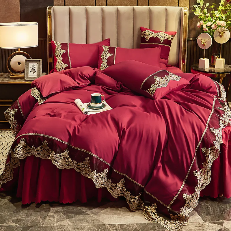 western luxury design korean princess style 4pcs wedding lace edges duvet cover bedsheet bedding set