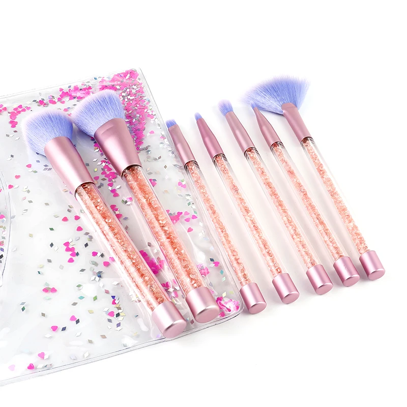 7Pcs transparent plastic handle with oil liquid glitter makeup brush set