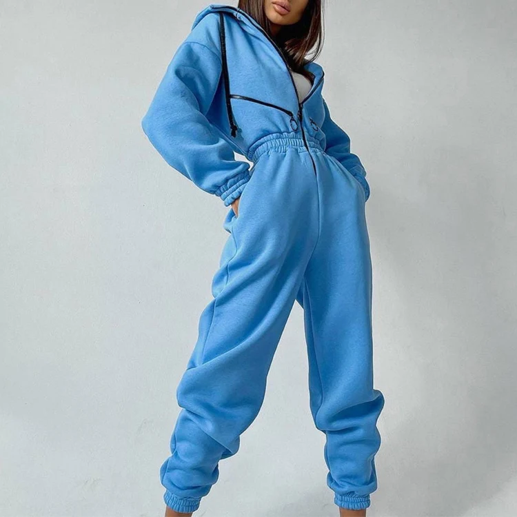 Fashion Women Casual Cotton Bodysuit Zip Up Hoodie Elastic Waist Jumpsuit