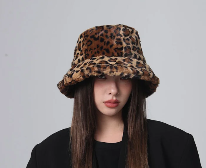 Custom Brown Leopard Print Faux Fur Reversible Winter Bucket Hat