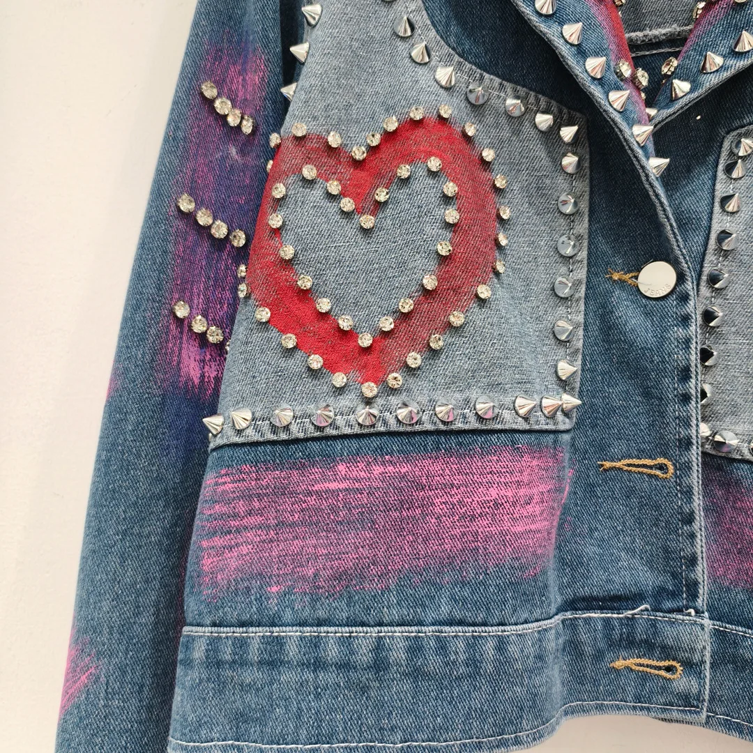 2024 Short Denim Coat for Women Spring Autumn New Beaded High Waist Crystal Jean Jacket Female Slimming Short Denim Jacket