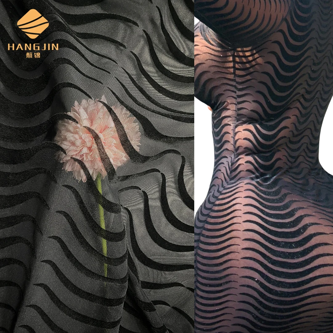 4 way stretch flocked tulle mesh fabric for fashion dresses custom flocking tulle elastic stretchy mesh tulle fabric