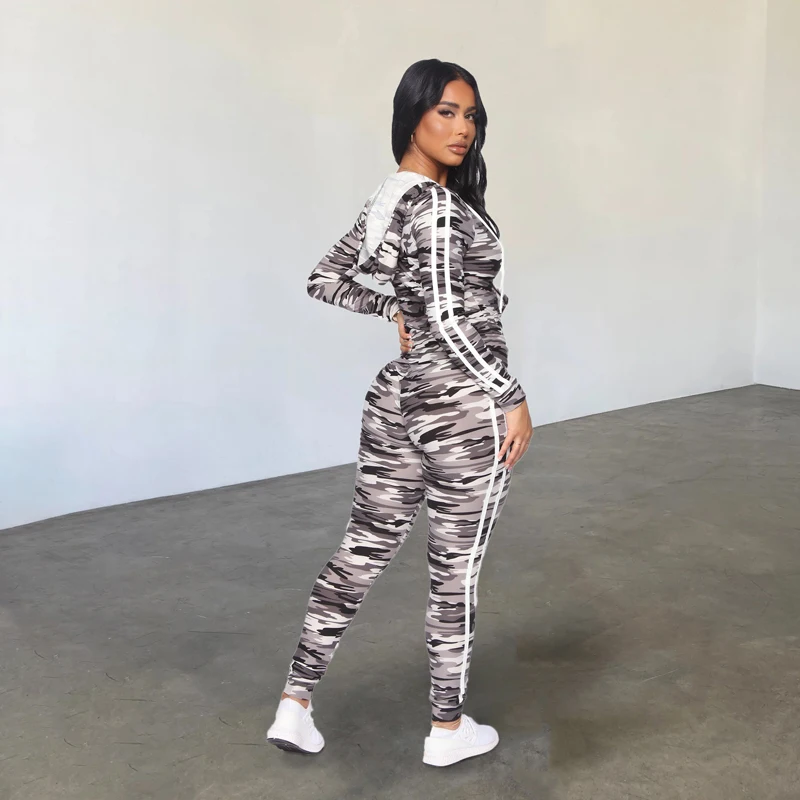 Women Autumn Winter Coat Pants Suit Zipper Design Clothing Camouflage Printed Two Piece Set