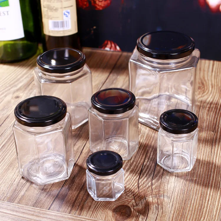 China Hexagon Square 100ml 200ml 250ml  Wide Mouth Glass Jar Canning Jars for Honey Jam Pickle Sauce with Metal Lid