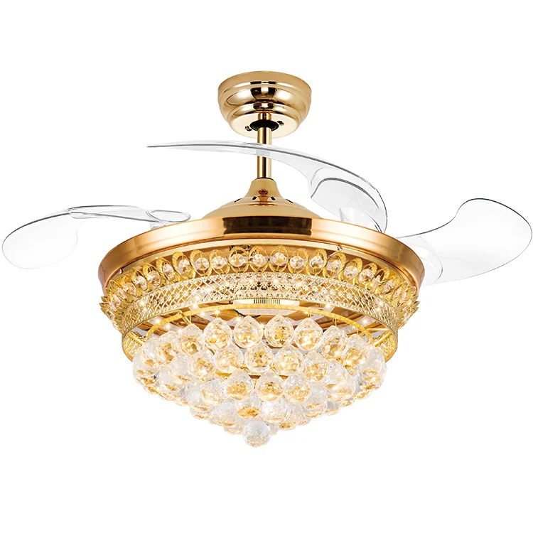 Competitive Price Wholesale Luxury Golden Crystal Ceiling Fan with 42 inch Folding Acrylic Blades