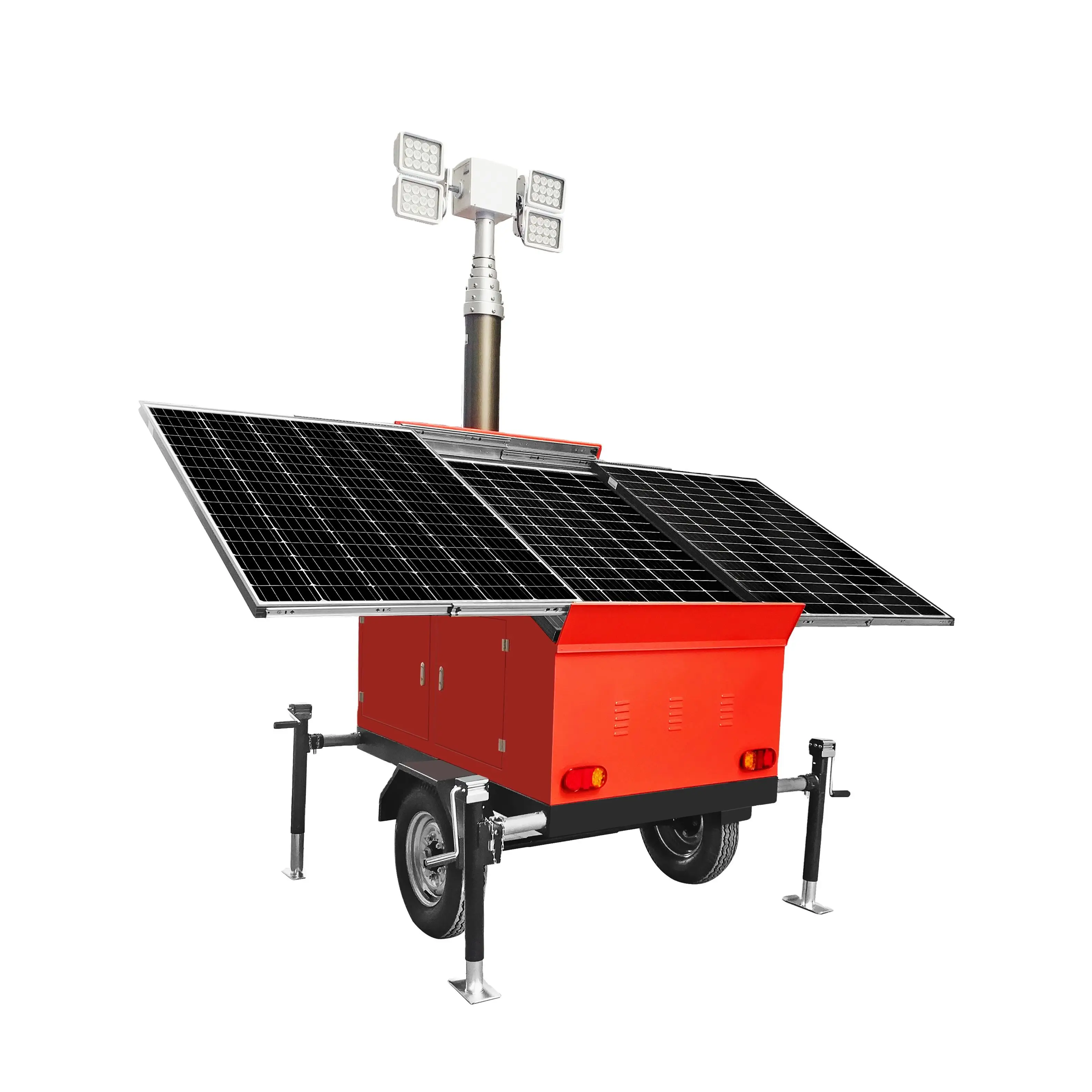Trailer-mounted mobile solar light tower for construction site lighting