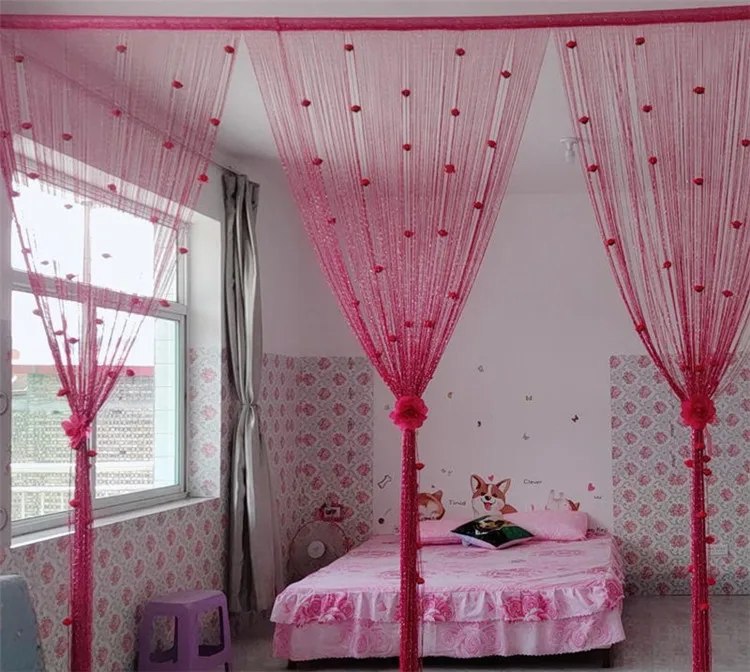 Tassel String Curtain Panels with Artificial Rose Flower Hanging Beaded Fringe Fabric Wedding Living Room Divider Curtains