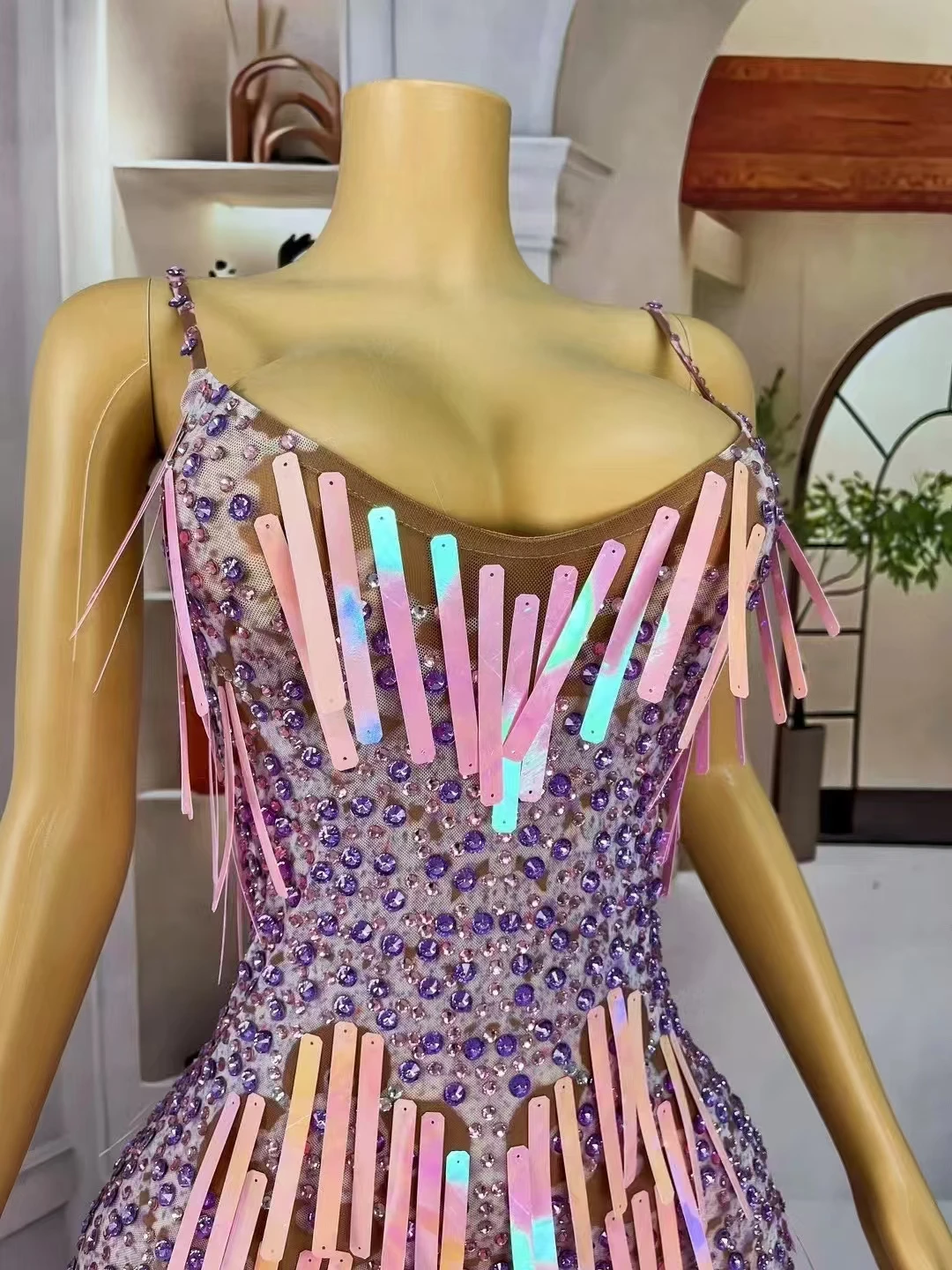 Sparkly Rhinestones Tassel Leotard Adults Fashion Stage Costume Elastic Skinny Sleeveless Fringes Birthday Party Dress Dance