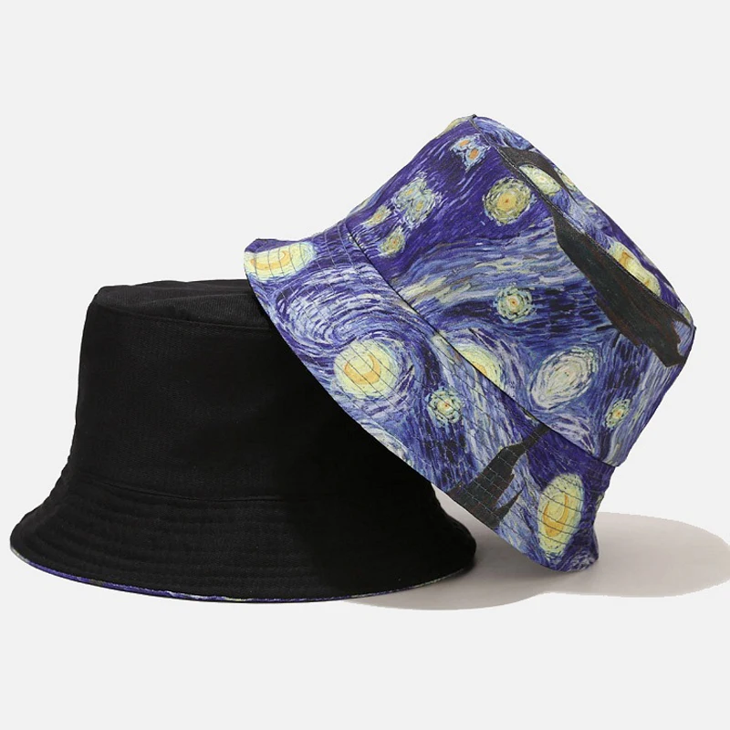 Summer Sun Visor Caps Blue Navy Vincent Van Gogh Hats Starry Night Oil Painting Printed Reversible Camping Travel Bucket Cap Hat