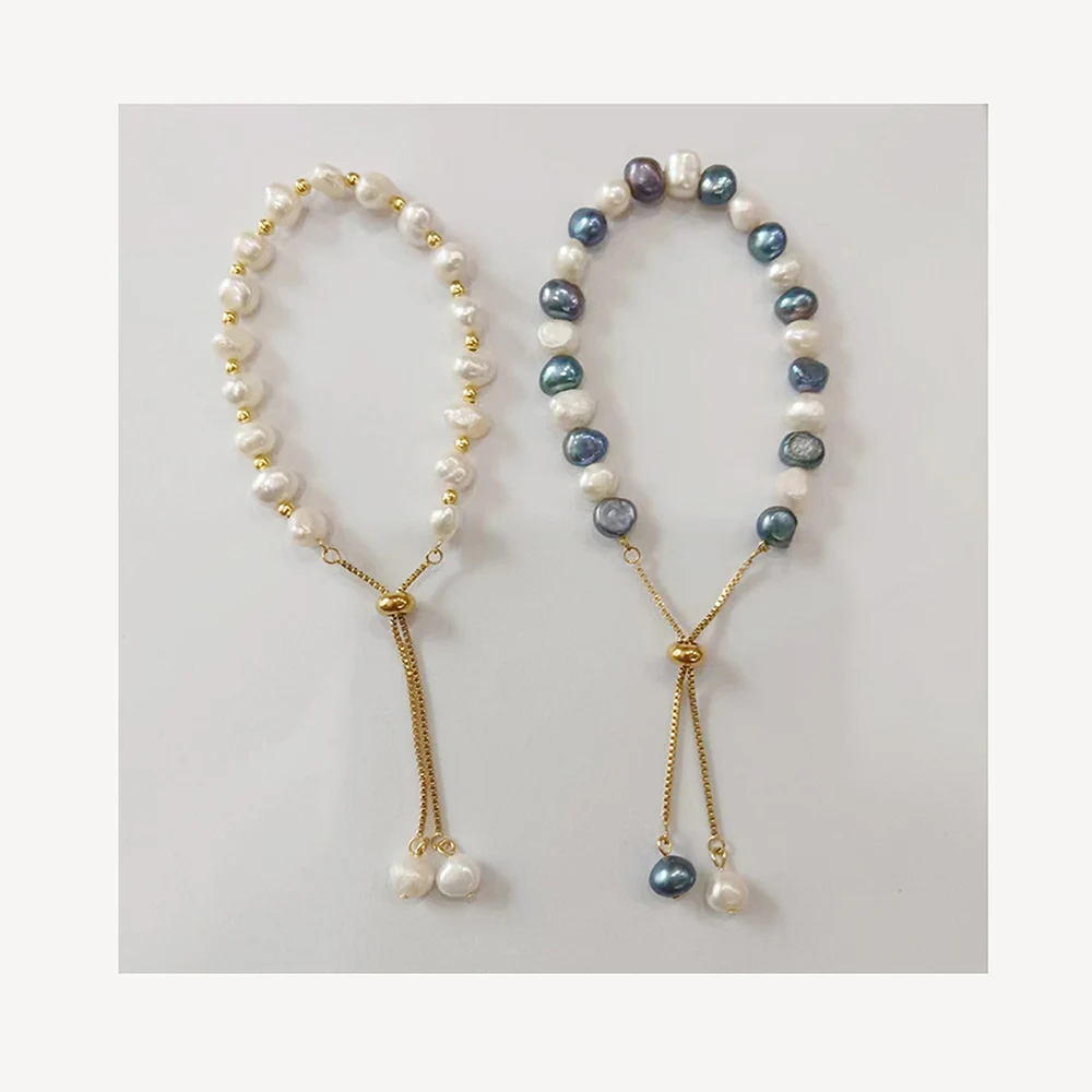 High quality natural freshwater baroque pearl bracelet,stainless steel unival silicon adjust ball box chain pvd 18k gold plated