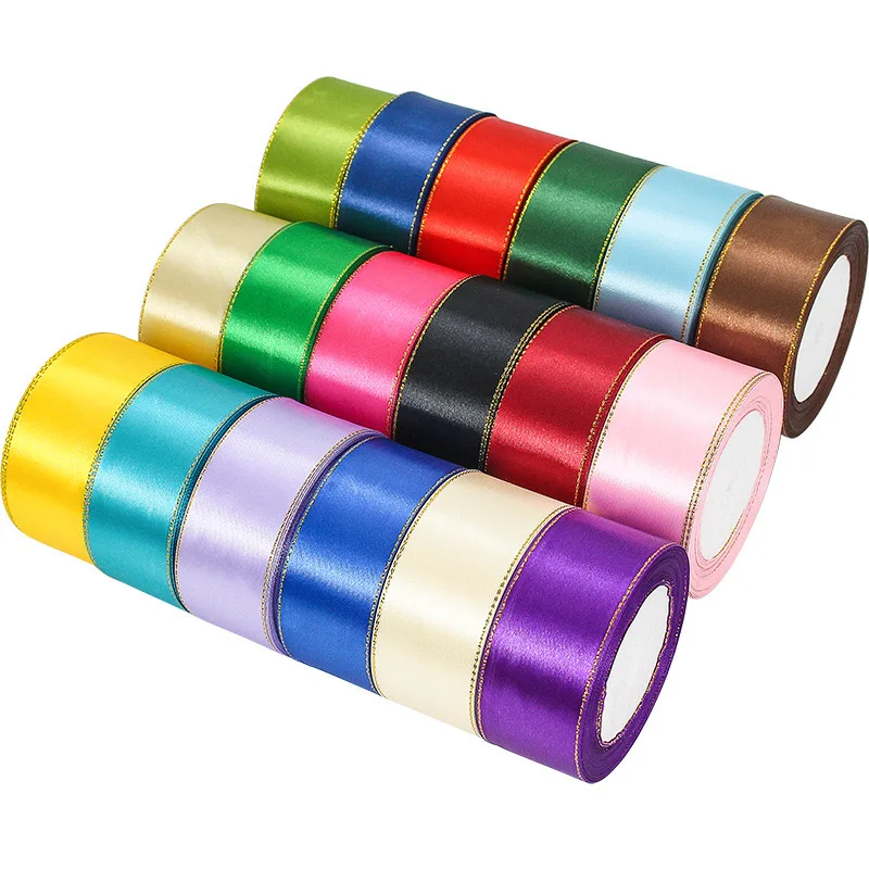 4cm Width 22 Meters Long High Quality Colorful Wedding Birthday Festivals Gold Edged Satin Ribbon for Gift Wrapping