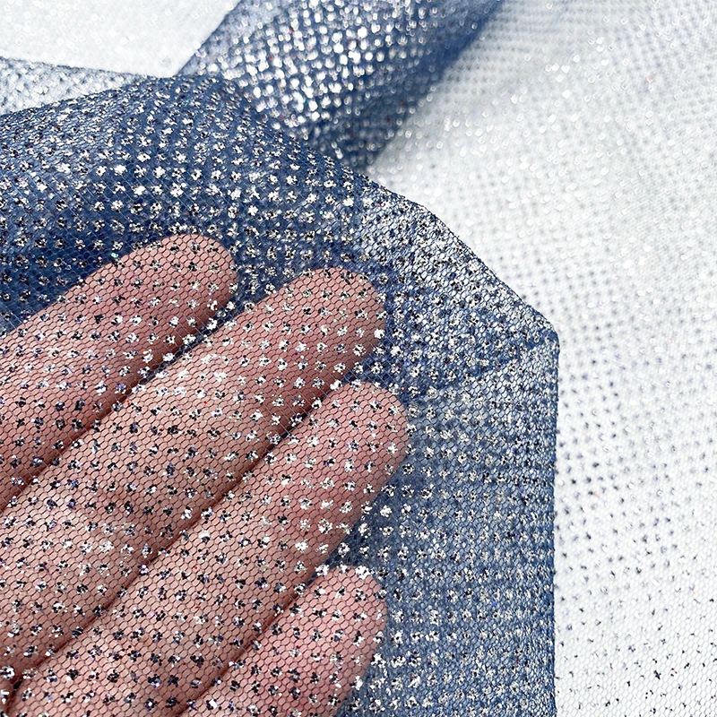 Blue 100% Polyester Net Mesh Fabric With Silver Sequins Powder Super Sparkle Glitter Tulle Fabric For Bridal Dress