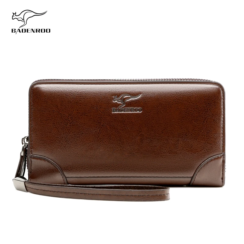 Factory custom long mens PU leather business clutch bag vintage double zipper handbag wallet for men