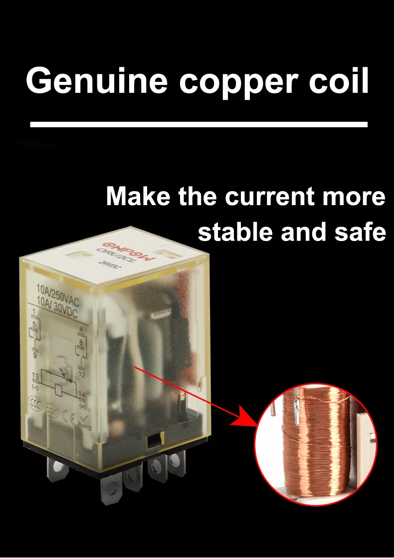 8-Pin 10A/110VAC  Electrical Power Relay, Copper Coil with Socket Base, LED Indicator, DPDT 2NO 2NC