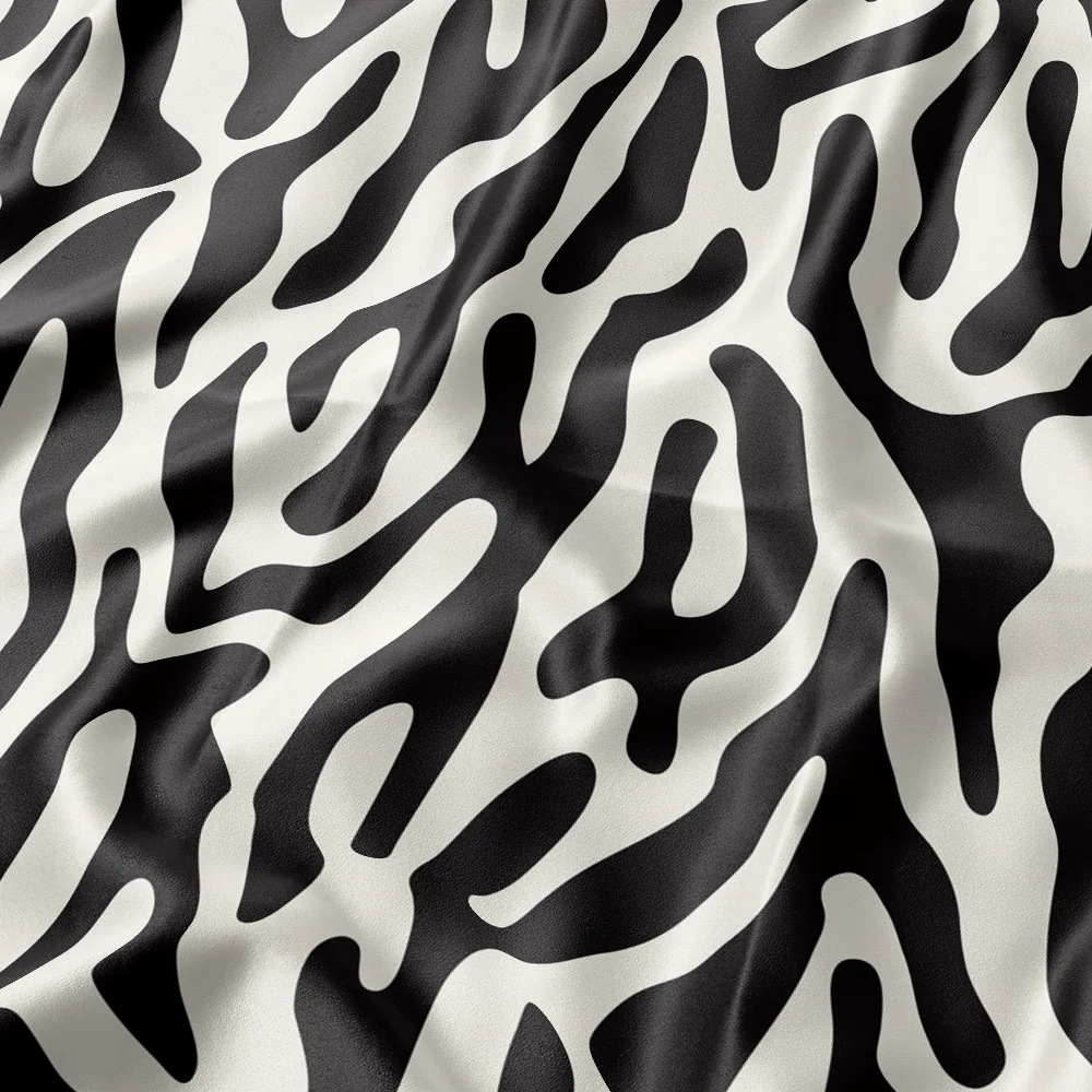 Premium black and white linear textured geometric print Heavyweight silk crepe satin garment dress fabric