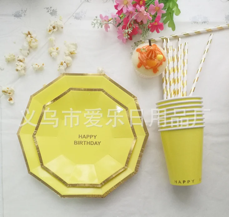 
Disposable Party Supplies Tableware Set with Gold Foil Happy Birthday Paper Plate Cup Straw For Birthday Party 49pcs Food Level 