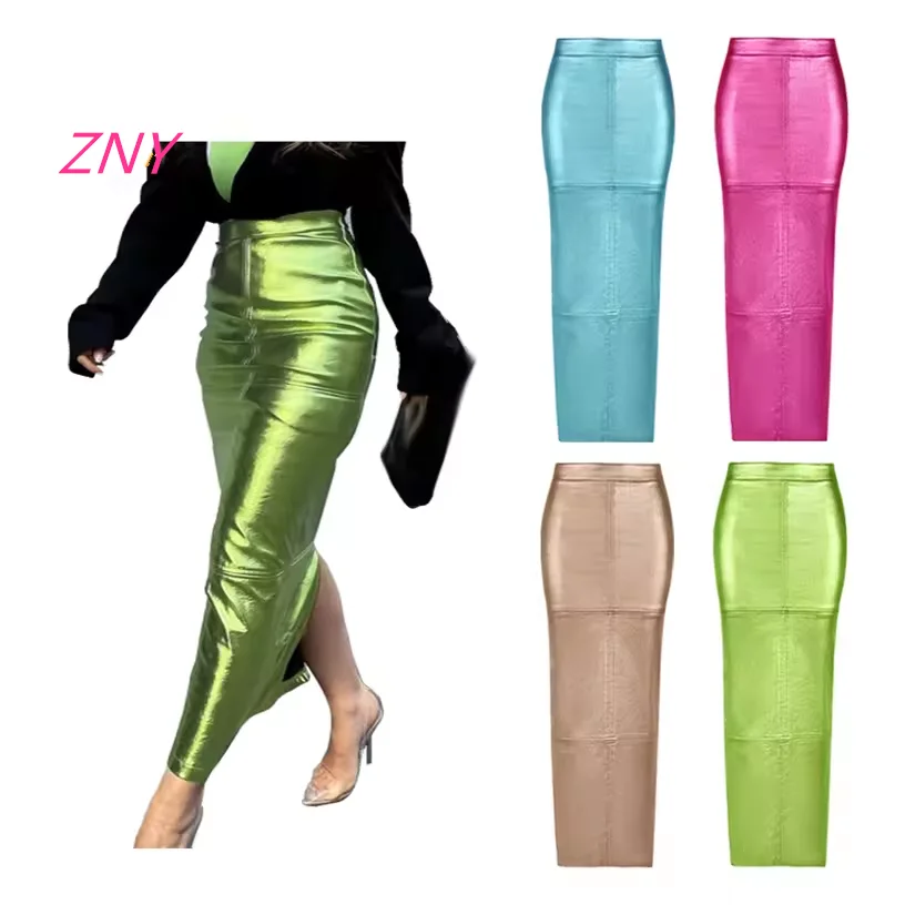 2024 New Arrival Summer Woman Glossy Color Waterproof Skirt Fashion High Waist Bodycon Skirt Stretch Split Long Skirt For Women