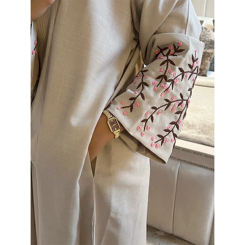 Habib embroidered European American style muslim polyester linen abaya dresses fashionable modest traditional Islamic clothes