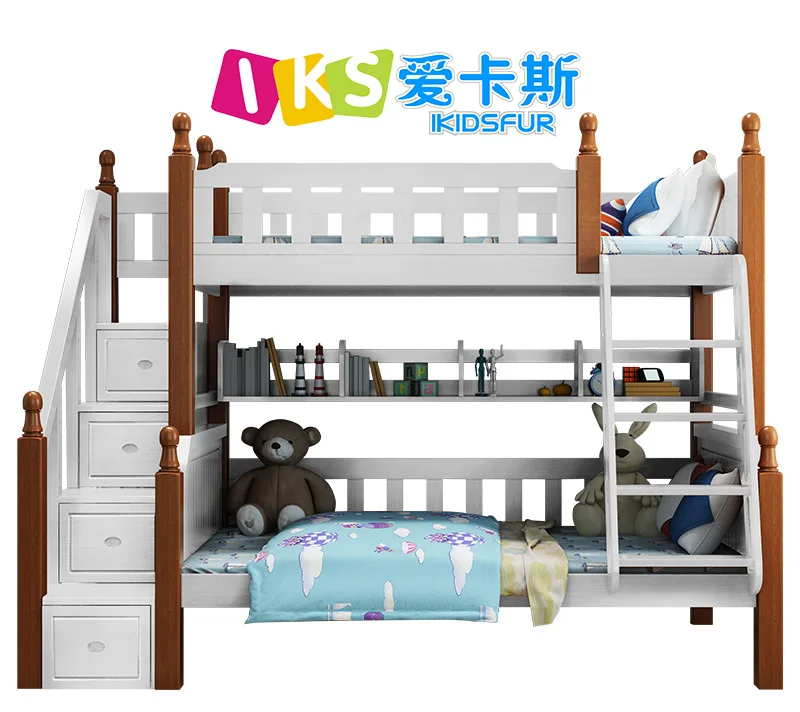 Full solid wood 1.35 1.5 bunk bed for kids with storage cabinet and ladder wooden furniture designs
