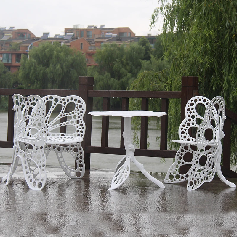 
best selling white aluminum outdoor furniture Butterfly shaped table chair set releaxing chair 