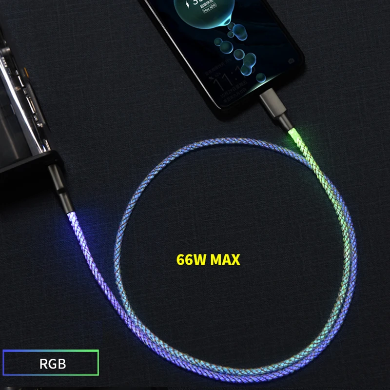 R5505 66W MAX High-end Custom RGB Flash Mobile Phone Cable 3 in 1 Super Fast Charger USB Data Charger Cable