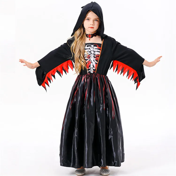 Supplier Wholesale Kids Halloween Costume Skeleton Girl Cosplay Wicked Witch Fancy Dress